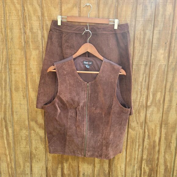 Style & Co 100% Leather Suede Brown 2 Piece Vest & Skirt Set Womens Size 14 - Picture 1 of 14
